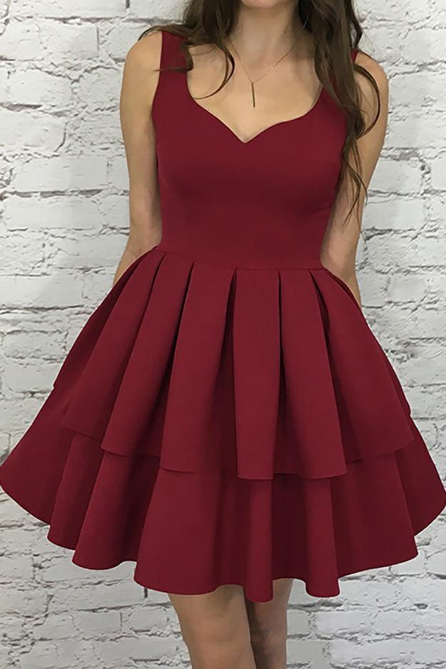 A-Line V-Neck Burgundy Short Graduation Dress with Pleats