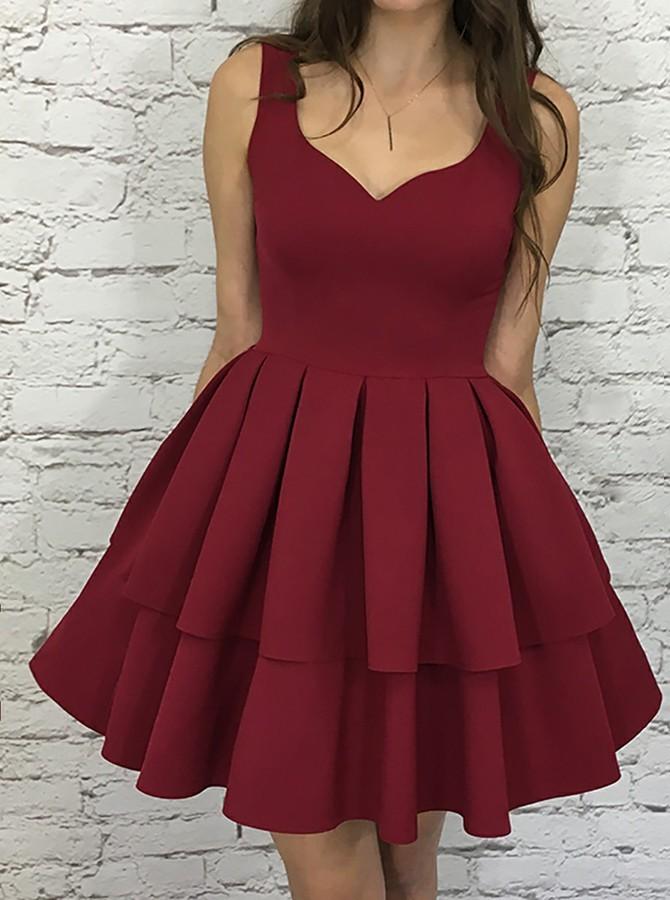 A-Line V-Neck Burgundy Short Graduation Dress with Pleats