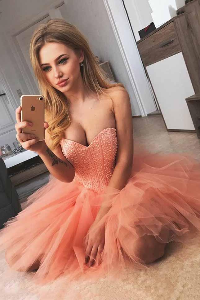 Chic Coral Sweetheart Beaded Tulle Short Prom Dress