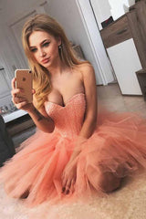 Chic Coral Sweetheart Beaded Tulle Short Prom Dress