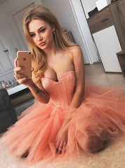 Chic Coral Sweetheart Beaded Tulle Short Prom Dress