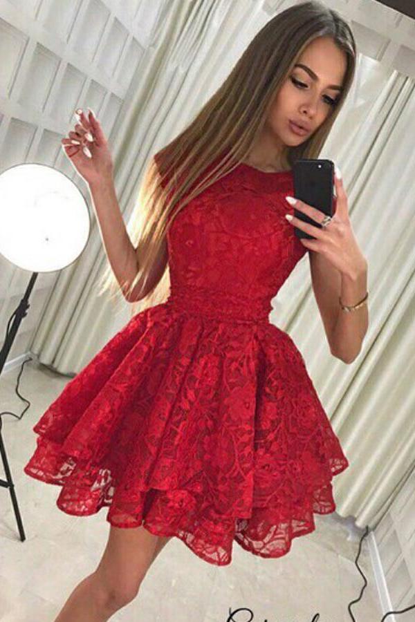 A-Line Lace Tiered Red Homecoming Dress Party Dress with Bowknot