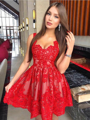 A-Line Red Short Square Neck Lace Homecoming Dress with Pleats