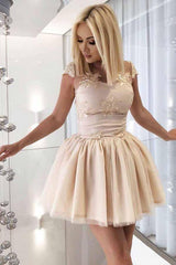 Cute Illusion Neckline Tulle Appliqued Short Homecoming Dress with Pleats