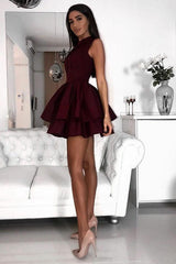 High Neck Burgundy Short Prom Homecoming Dresses with Tiered Skirt