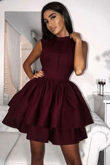 High Neck Burgundy Short Prom Homecoming Dresses with Tiered Skirt