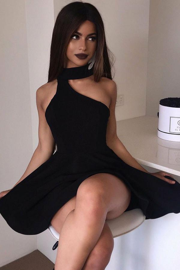 High Neck Black Short Homecoming Dresses, Simple Black Cocktail Party Dress