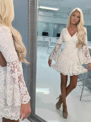A-Line Ivory Lace Beading Short Homecoming Dress with Long Bell Sleeves