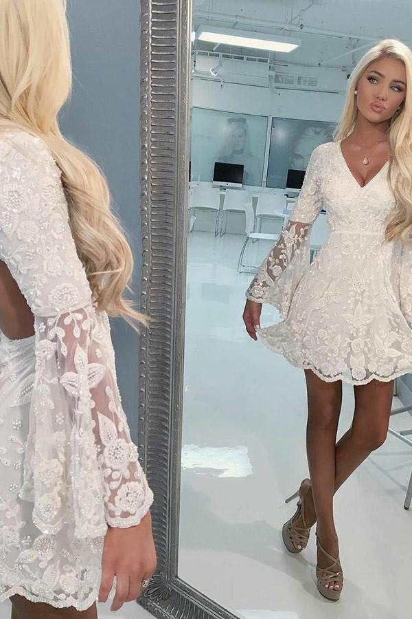 A-Line Ivory Lace Beading Short Homecoming Dress with Long Bell Sleeves