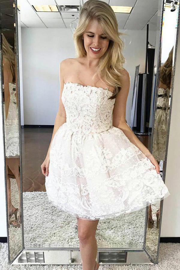 Charming Ivory Strapless Lace Short Homecoming Dress