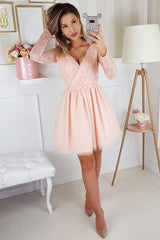 A-Line V-Neck Long Sleeve Lace Short Homecoming Dress