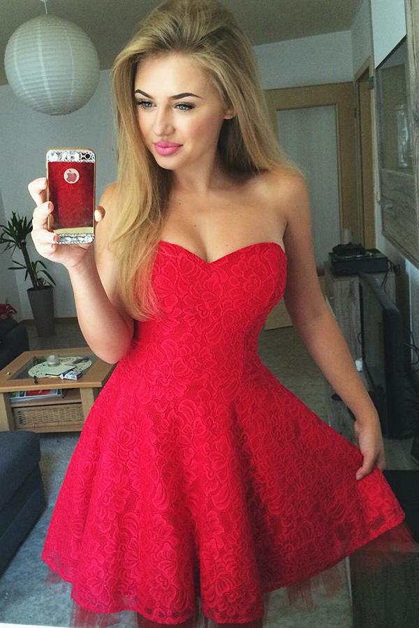 Cute A-Line Red Pleated Sweetheart Homecoming Dress