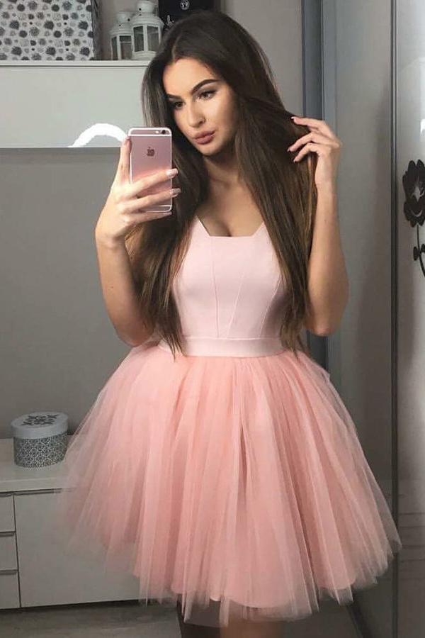 Blush Pink Tulle Short Homecoming Dress with Satin Bodice and Pleated Skirt