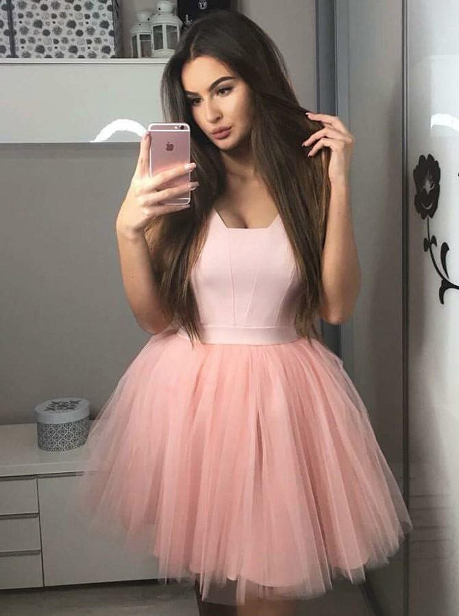 Blush Pink Tulle Short Homecoming Dress with Satin Bodice and Pleated Skirt