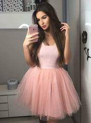 Blush Pink Tulle Short Homecoming Dress with Satin Bodice and Pleated Skirt