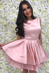 Jewel Pink Short Prom Dresses, Satin Homecoming Dress with Tiered Skirt