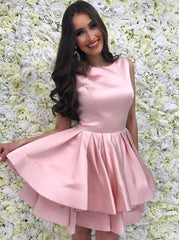Jewel Pink Short Prom Dresses, Satin Homecoming Dress with Tiered Skirt