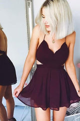 A-Line V-Neck Backless Chiffon Maroon Homecoming Dress