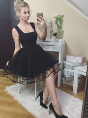 A-Line Square Black Homecoming Dress Tulle Pleated Short Prom Dress