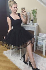 A-Line Square Black Homecoming Dress Tulle Pleated Short Prom Dress