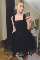 A-Line Square Black Homecoming Dress Tulle Pleated Short Prom Dress