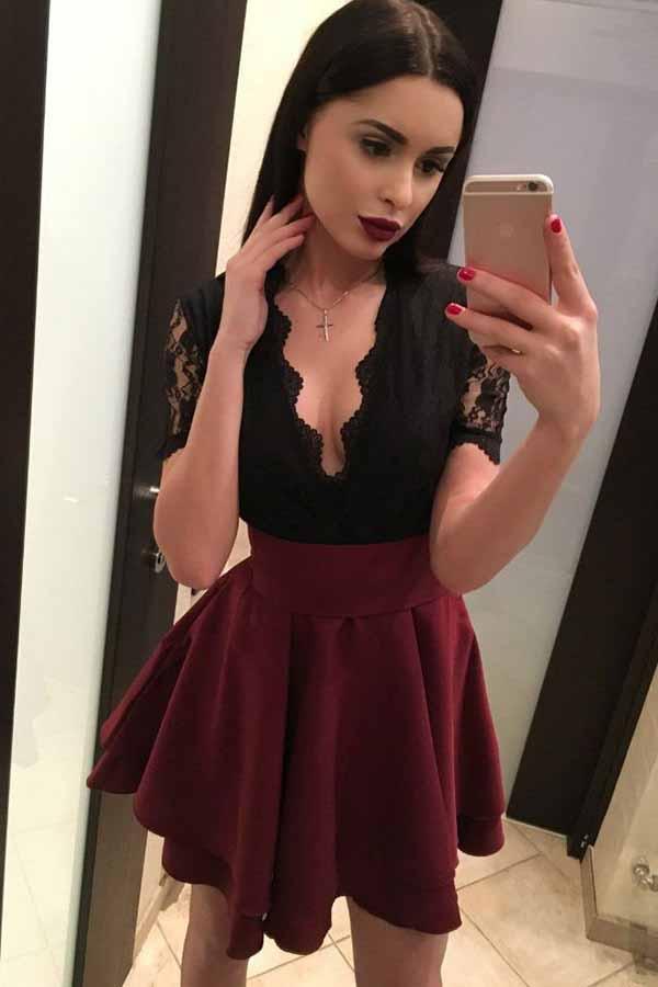Short Sleeves Black Lace Homecoming Dresses, Burgundy Skirt Party Dress