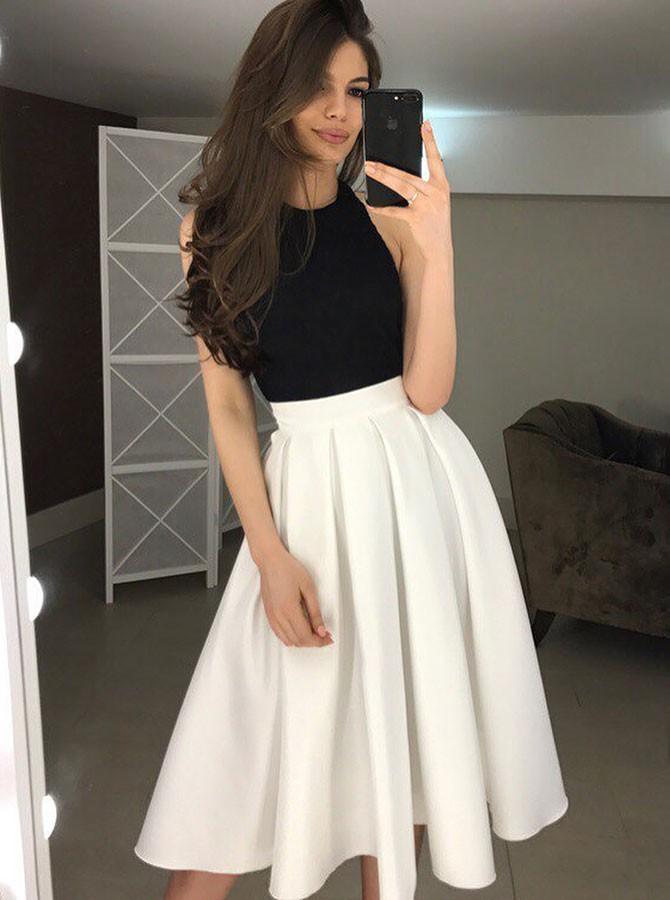 Backless Halter Tea-Length Homecoming Prom Dress with Pleats
