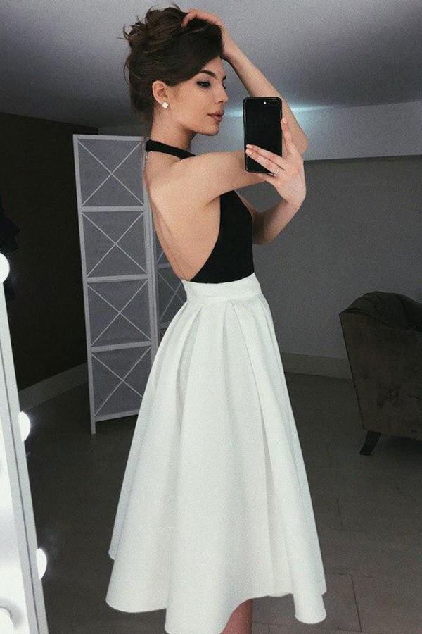 Backless Halter Tea-Length Homecoming Prom Dress with Pleats