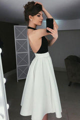 Backless Halter Tea-Length Homecoming Prom Dress with Pleats