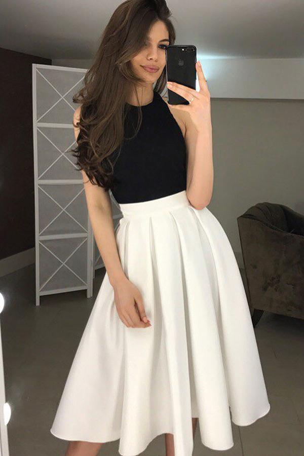 Backless Halter Tea-Length Homecoming Prom Dress with Pleats