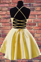 A-Line Halter Yellow Homecoming Dress with Embroidered Pockets