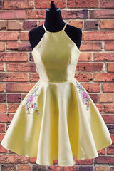 A-Line Halter Yellow Homecoming Dress with Embroidered Pockets