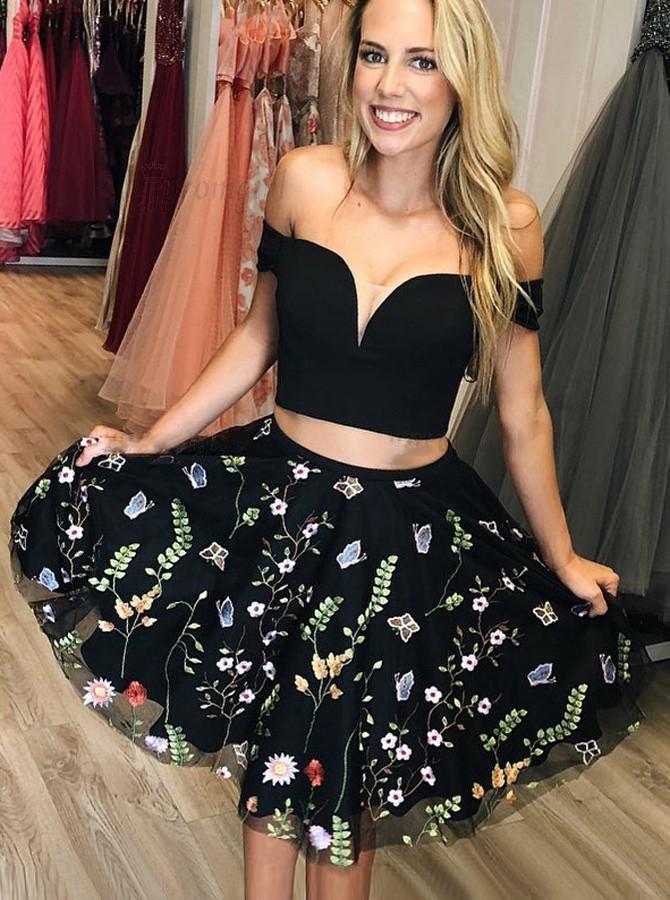 Off-Shoulder Black Floral Embroidered Homecoming Dresses, Two-Piece Short Prom Dress