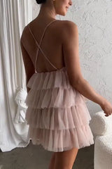 Blush Pink V-Neck Short Homecoming Dress Ruffle Tulle Criss-Cross Back Party Dresses