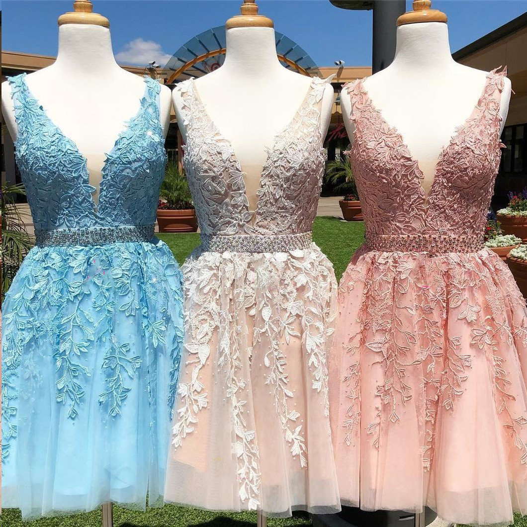 Chic A-Line Tulle Applique V-Back Short Prom Homecoming Dress