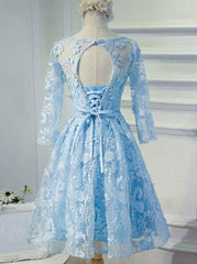 Bateau 3/4 Sleeve Keyhole Back Sky Blue Lace Homecoming Dress
