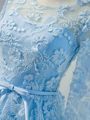 Bateau 3/4 Sleeve Keyhole Back Sky Blue Lace Homecoming Dress