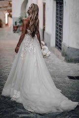 Backless Boho Wedding Dress Tulle Rustic Bridal Gown with Appliques