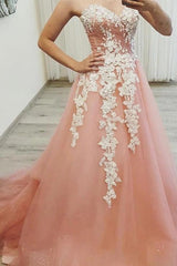 Sparkly Sweetheart Neck Tulle Long Prom Dresses with Appliques