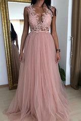 A-Line V-Neck Prom Dresses with Appliques, Tulle Long Evening Dress