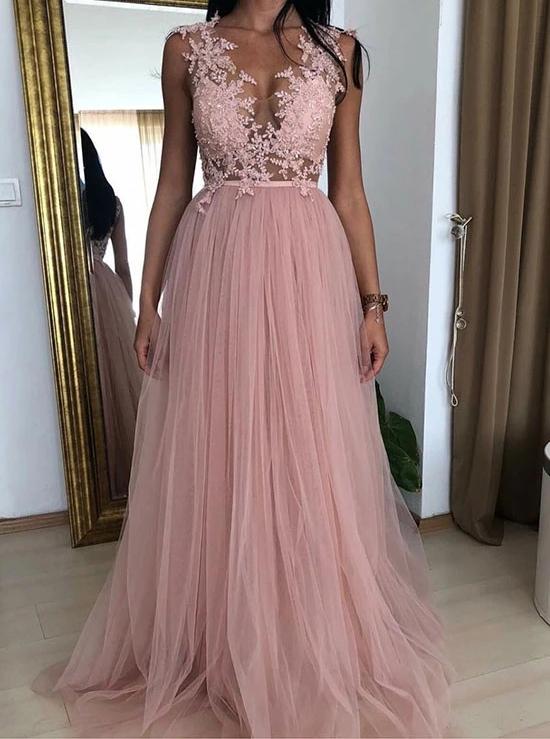 A-Line V-Neck Prom Dresses with Appliques, Tulle Long Evening Dress