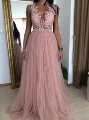 A-Line V-Neck Prom Dresses with Appliques, Tulle Long Evening Dress