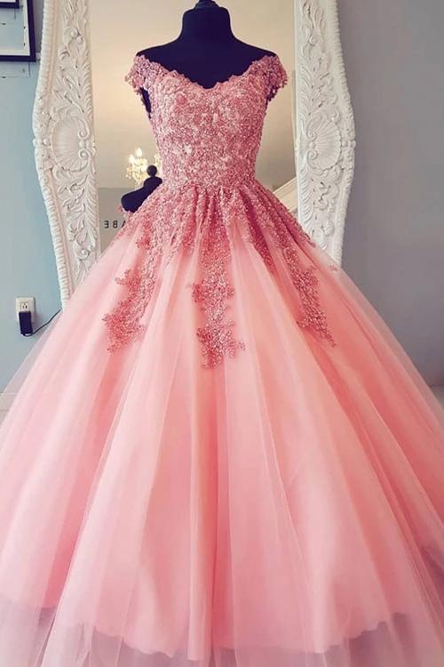 A-Line Tulle Long Prom Dresses with Appliques, Quincea帽era Evening Dress