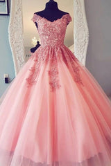 A-Line Tulle Long Prom Dresses with Appliques, Quincea帽era Evening Dress