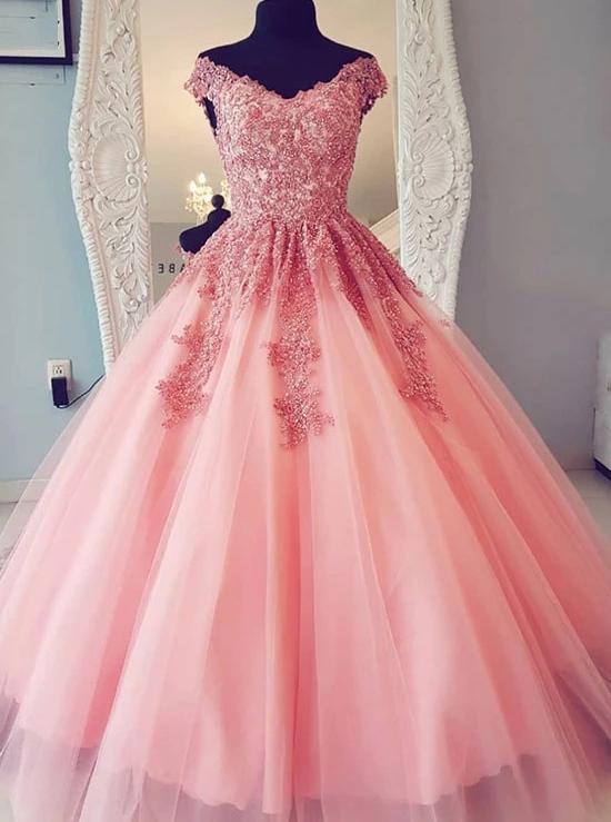 A-Line Tulle Long Prom Dresses with Appliques, Quincea帽era Evening Dress