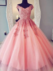 A-Line Tulle Long Prom Dresses with Appliques, Quincea帽era Evening Dress