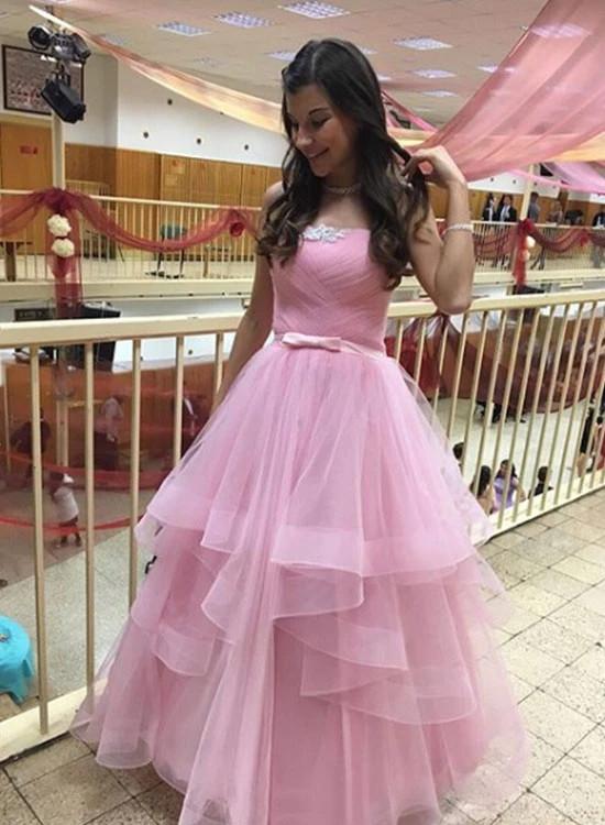 Charming Pink Tulle Strapless Sweet 16 Long Prom Dress