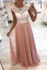 A-Line Round Neck Pink Tulle Long Prom Dress with Lace