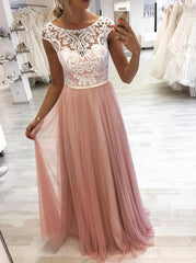 A-Line Round Neck Pink Tulle Long Prom Dress with Lace