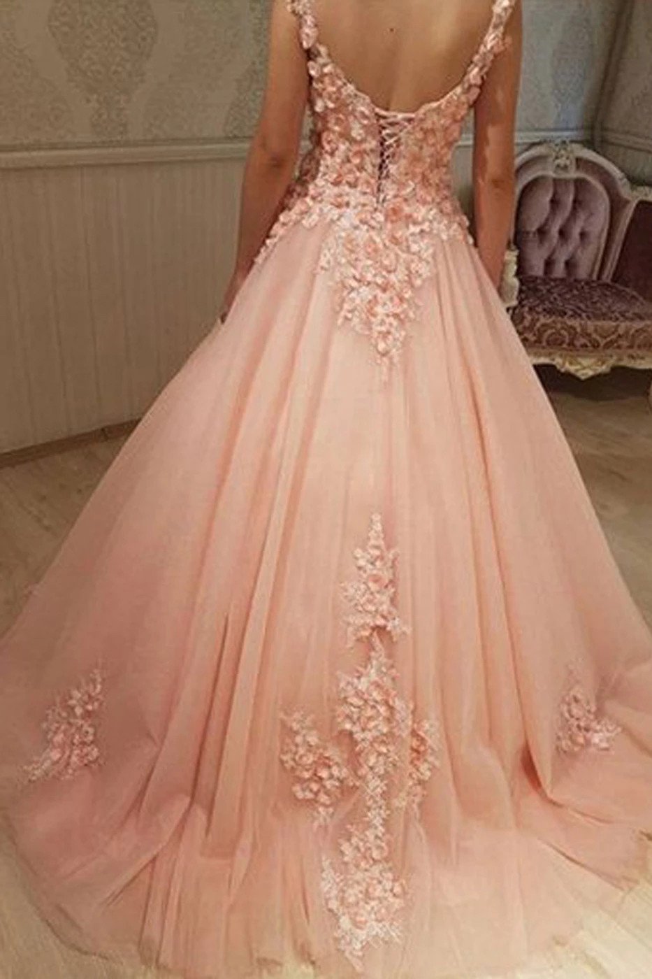 Straps Tulle Long Quinceanera Prom Dresses with Appliques